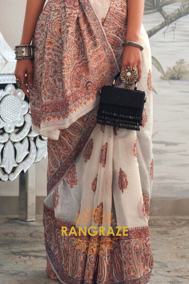 Majestic Pearl White Woven Kashmiri Jamewar Modal Silk Saree