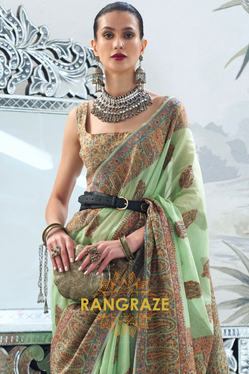 Majestic Parrot Green Woven Kashmiri Jamewar Modal Silk Saree
