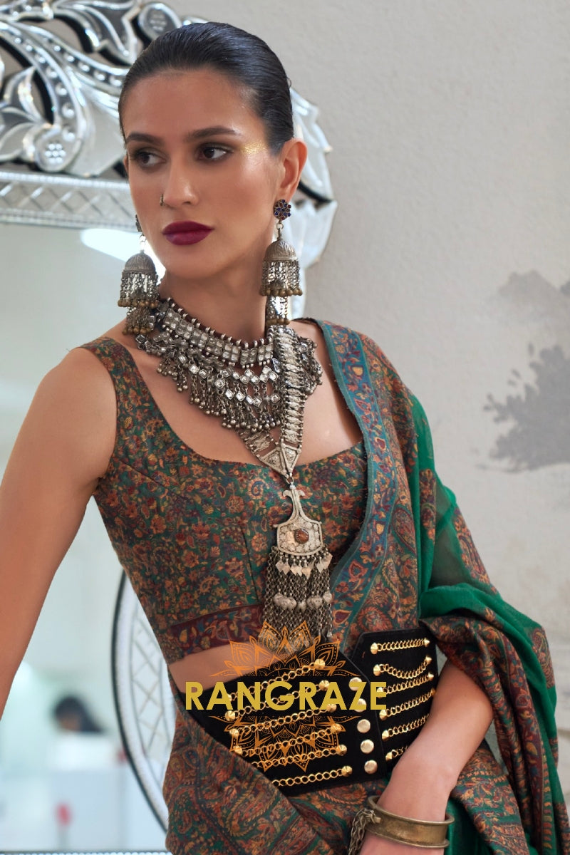 Majestic Forest Green Woven Kashmiri Jamewar Modal Silk Saree