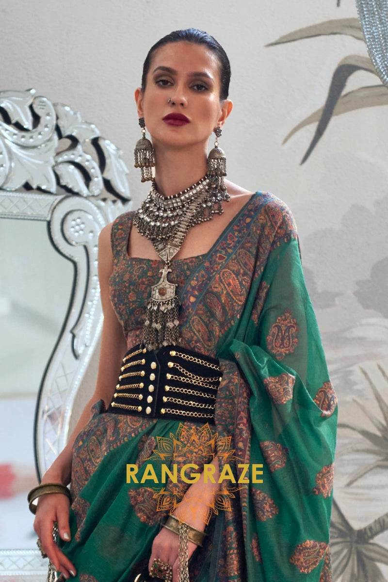 Majestic Forest Green Woven Kashmiri Jamewar Modal Silk Saree