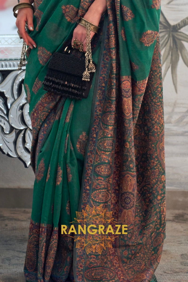 Majestic Forest Green Woven Kashmiri Jamewar Modal Silk Saree