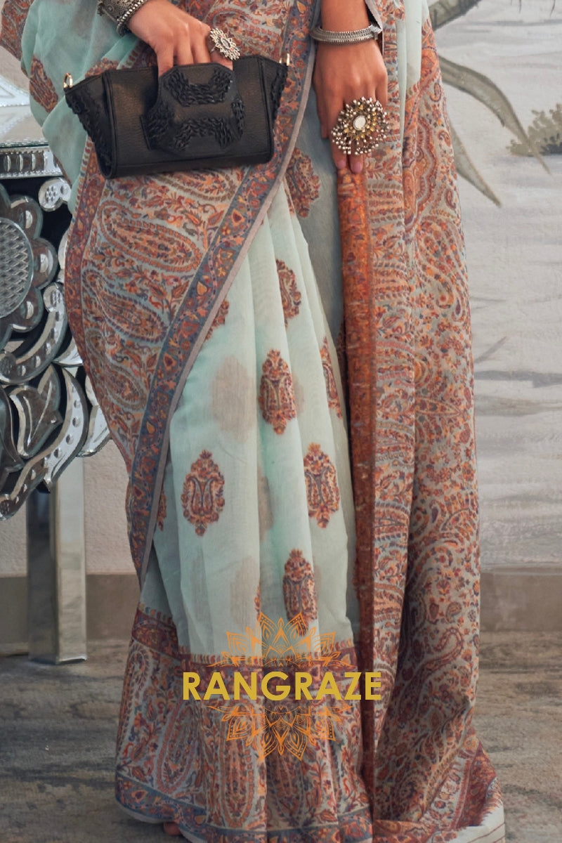 Majestic Sea Green Woven Kashmiri Jamewar Modal Silk Saree