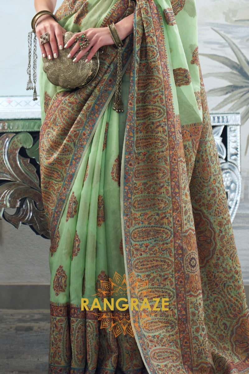 Majestic Parrot Green Woven Kashmiri Jamewar Modal Silk Saree