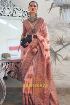 Majestic Peach Pink Woven Kashmiri Jamewar Modal Silk Saree