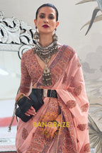 Majestic Peach Pink Woven Kashmiri Jamewar Modal Silk Saree