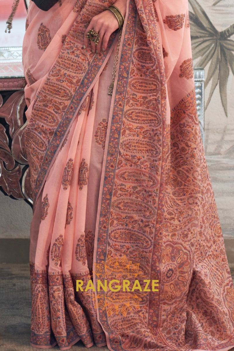 Majestic Peach Pink Woven Kashmiri Jamewar Modal Silk Saree