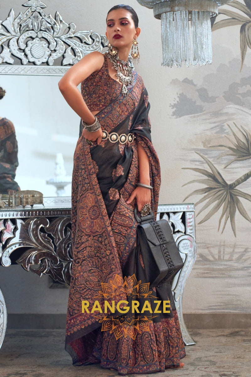 Majestic Jet Black Woven Kashmiri Jamewar Modal Silk Saree