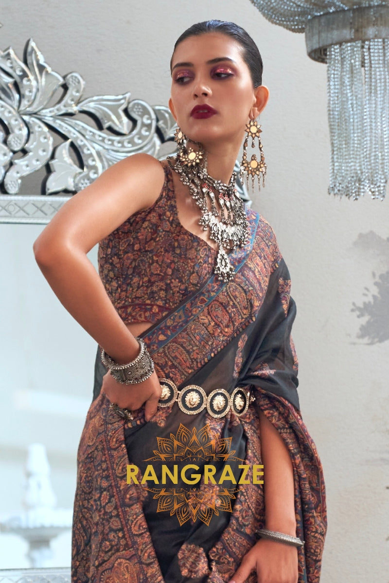Majestic Jet Black Woven Kashmiri Jamewar Modal Silk Saree