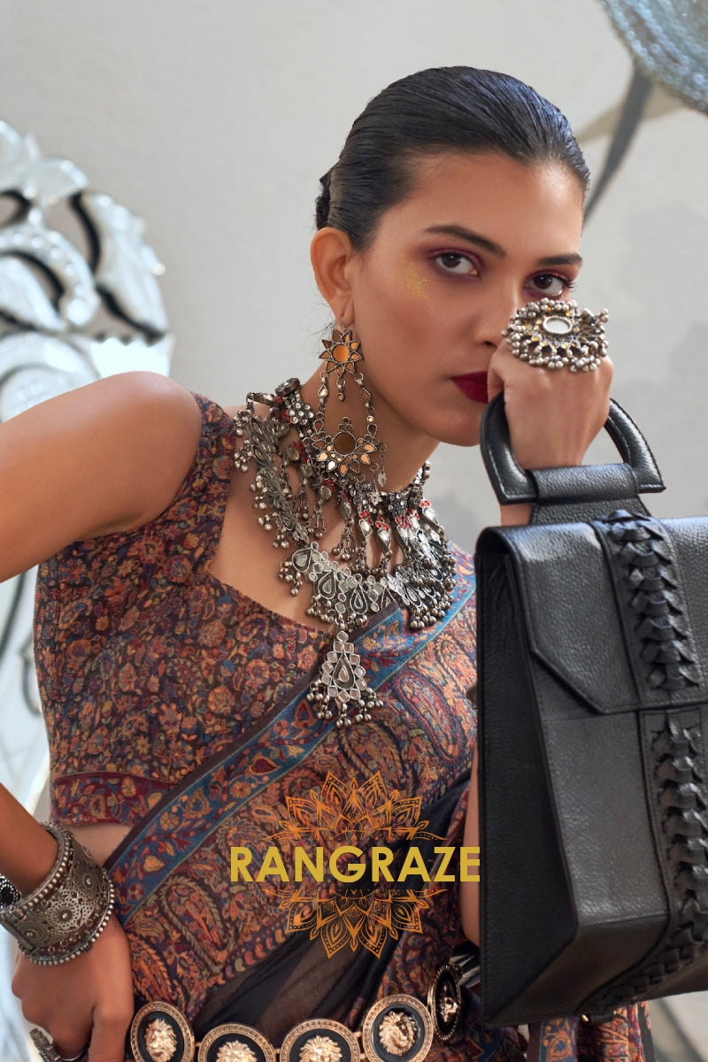 Majestic Jet Black Woven Kashmiri Jamewar Modal Silk Saree