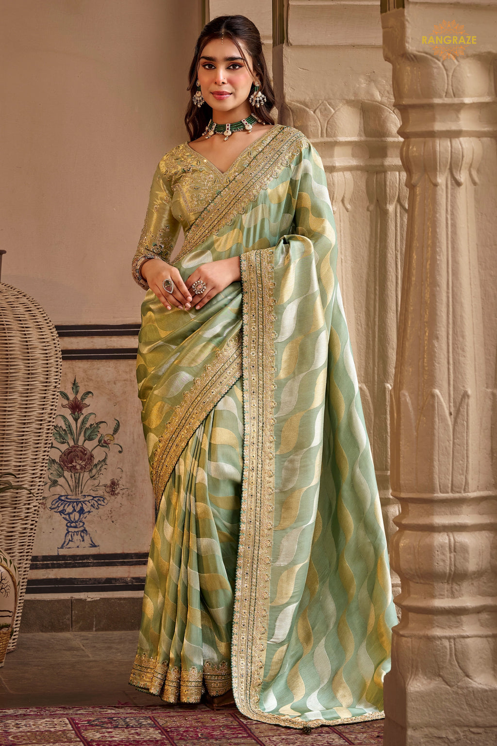 Pastel Green Embroidred Fancy Silk Saree