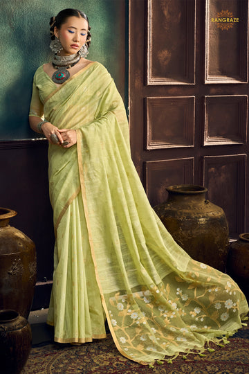 Pastel Green Woven Munga Cotton Saree