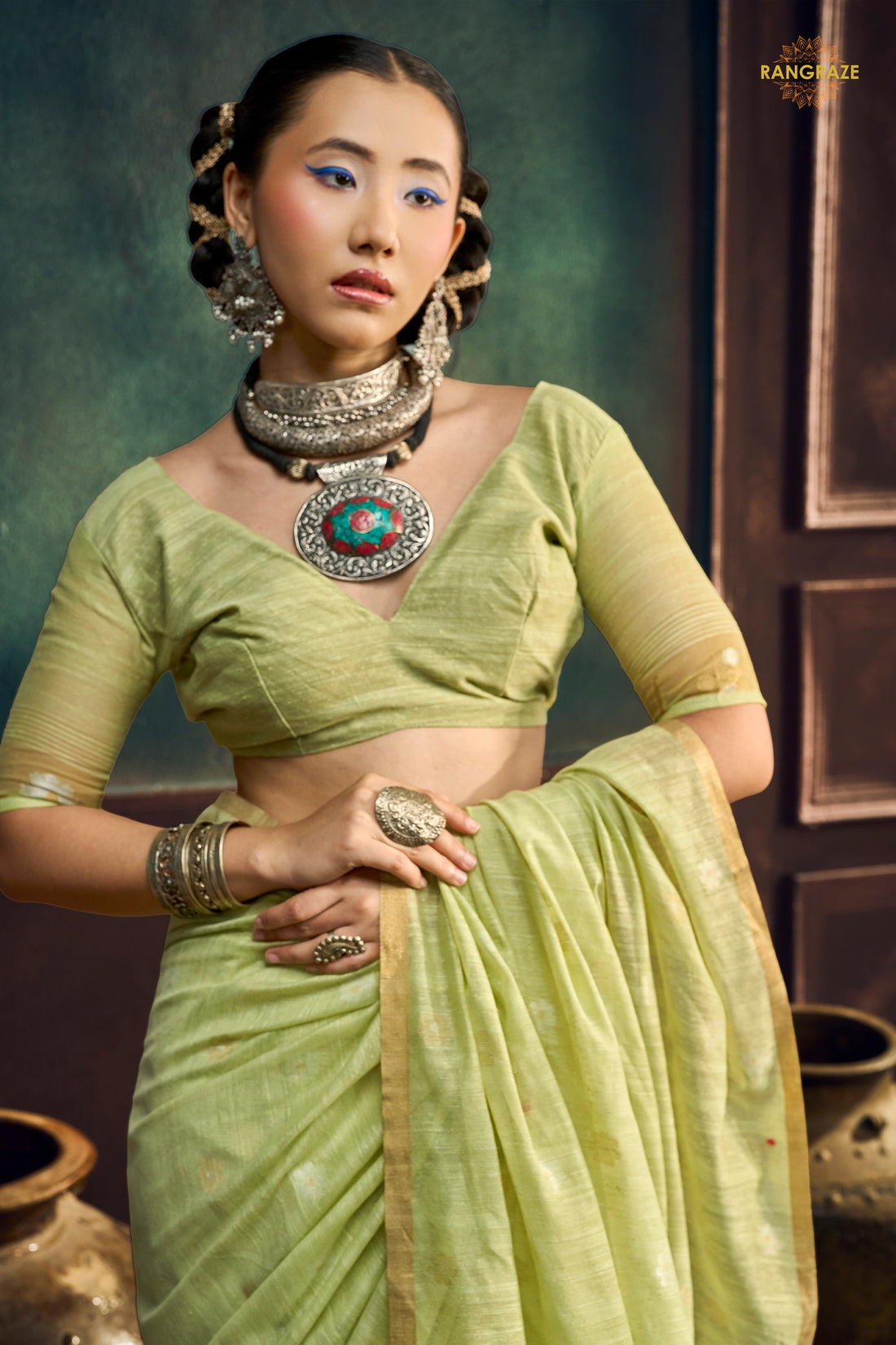Pastel Green Woven Munga Cotton Saree
