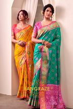 Emerald Bloom & Fuchsia Patola Silk Saree