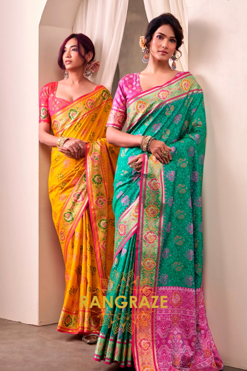 Emerald Bloom & Fuchsia Patola Silk Saree