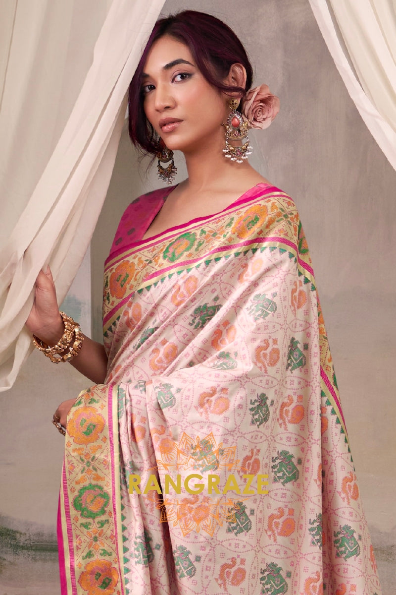 Rose Ivory & Fuchsia Patola Silk Saree