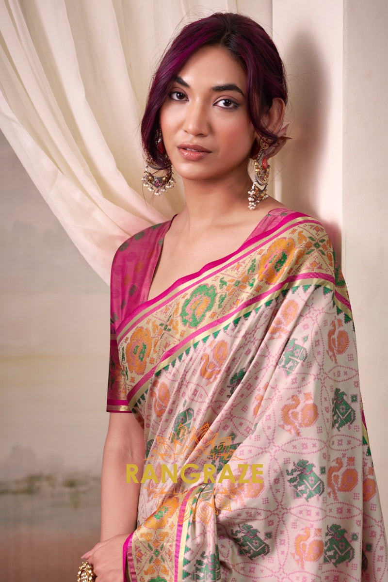 Rose Ivory & Fuchsia Patola Silk Saree