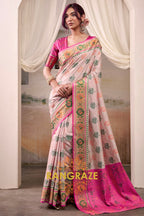 Rose Ivory & Fuchsia Patola Silk Saree