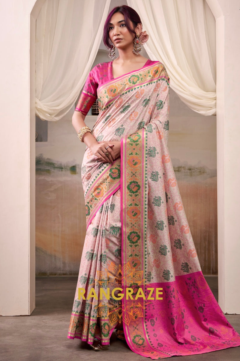 Rose Ivory & Fuchsia Patola Silk Saree