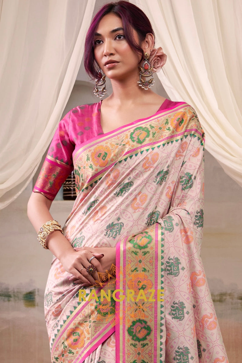 Rose Ivory & Fuchsia Patola Silk Saree