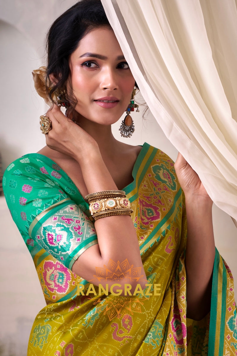 Meadow Gold & Aqua Patola Silk Saree
