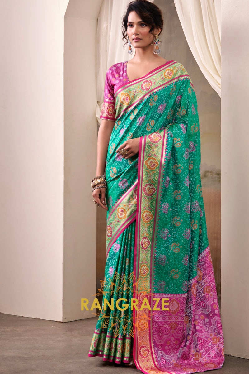 Emerald Bloom & Fuchsia Patola Silk Saree