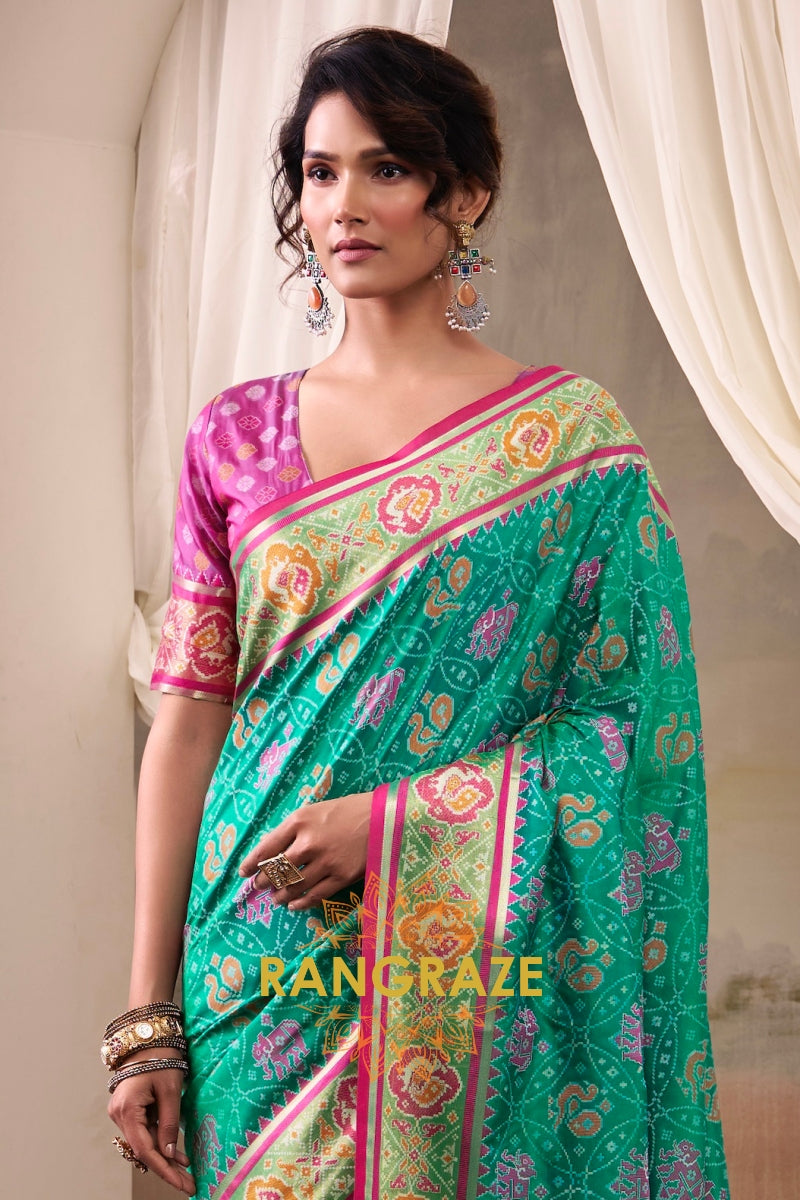 Emerald Bloom & Fuchsia Patola Silk Saree