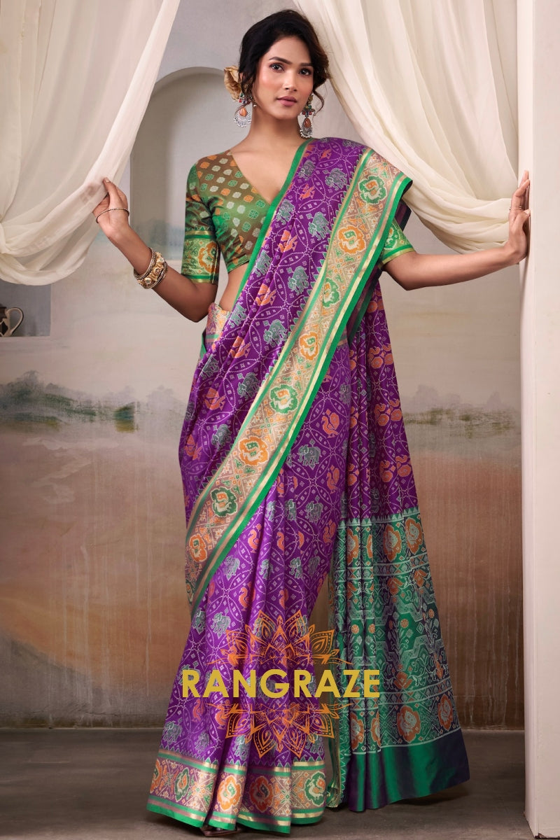Regal Violet & Emerald Patola Silk Saree