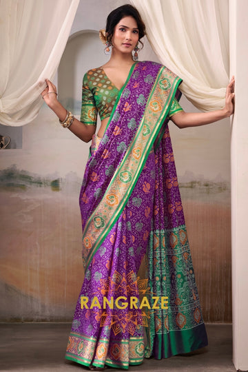 Regal Violet & Emerald Patola Silk Saree