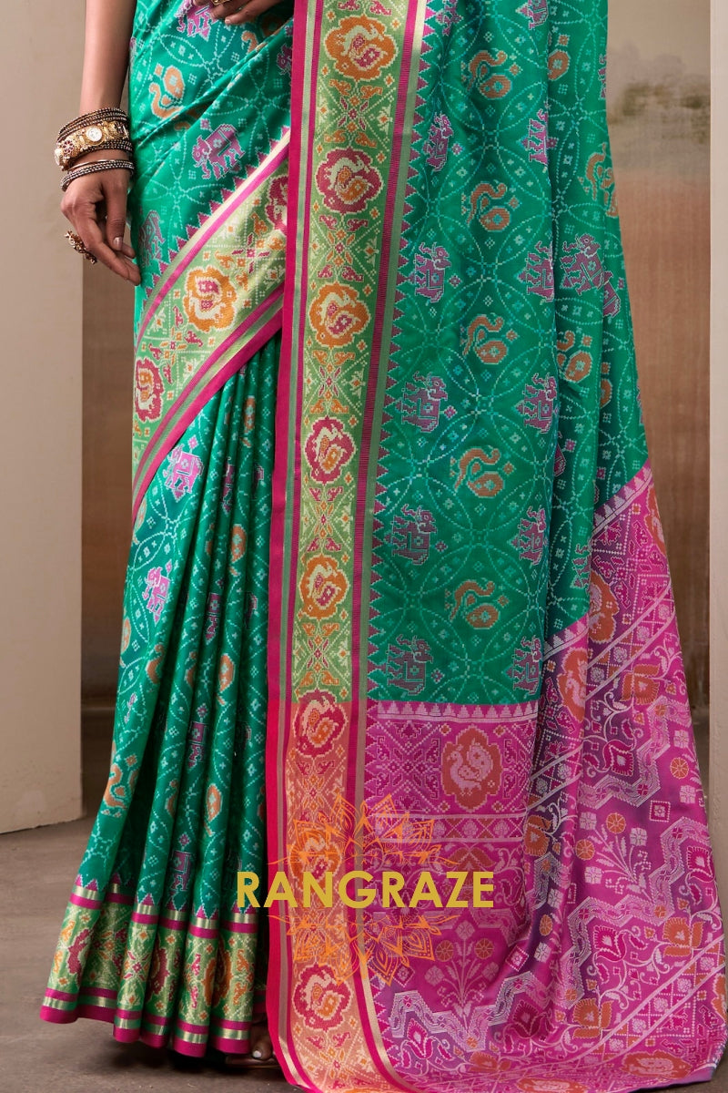 Emerald Bloom & Fuchsia Patola Silk Saree