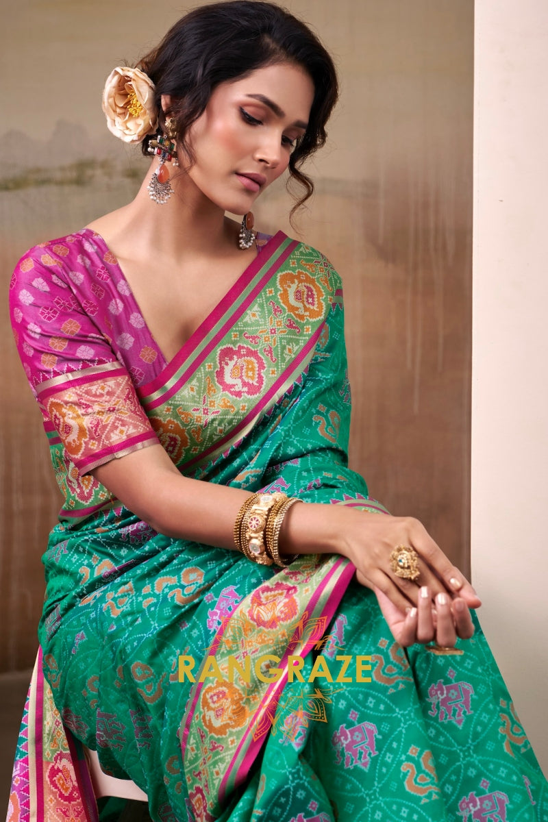 Emerald Bloom & Fuchsia Patola Silk Saree