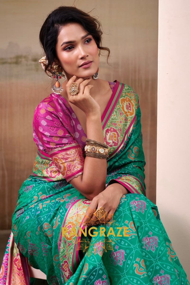 Emerald Bloom & Fuchsia Patola Silk Saree