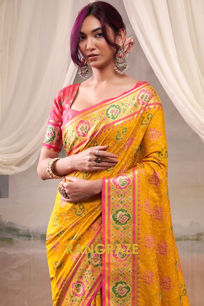 Golden Sunrise & Pink Patola Silk Saree