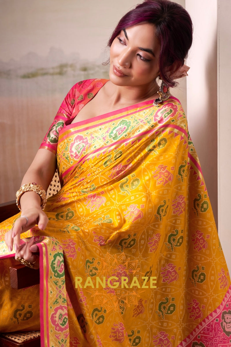 Golden Sunrise & Pink Patola Silk Saree