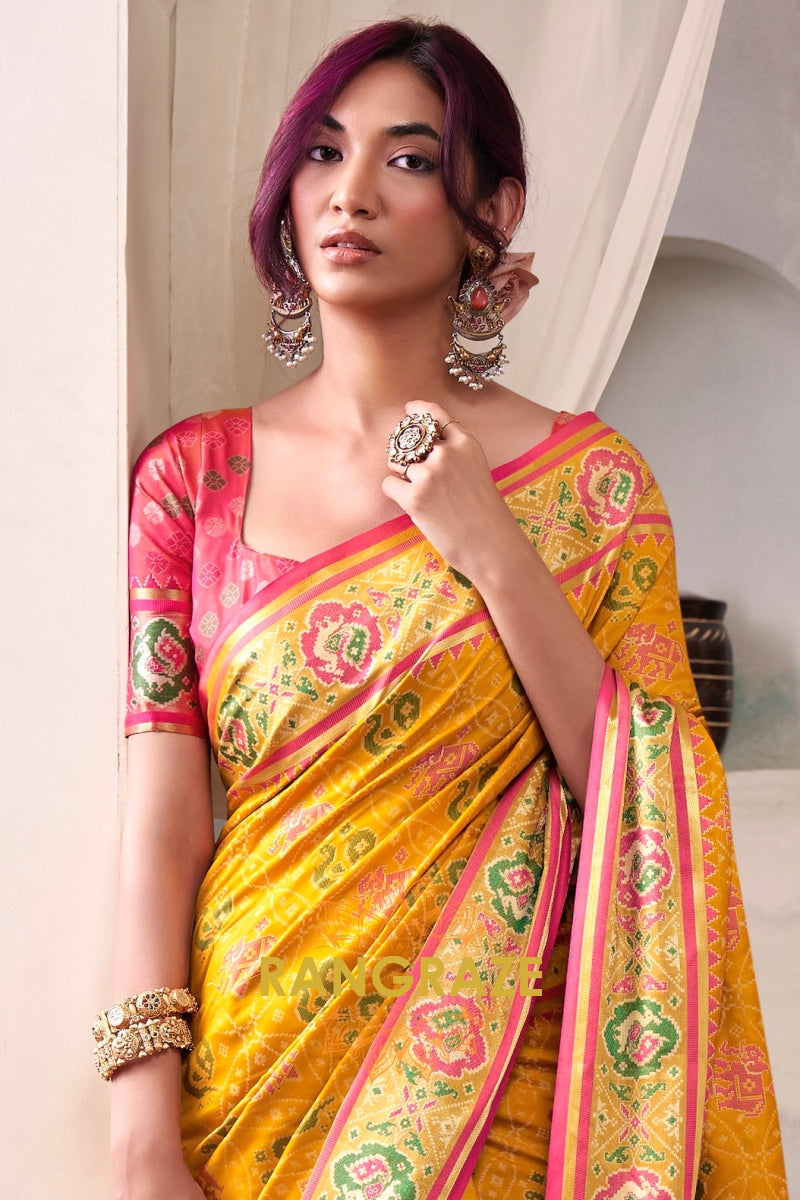 Golden Sunrise & Pink Patola Silk Saree