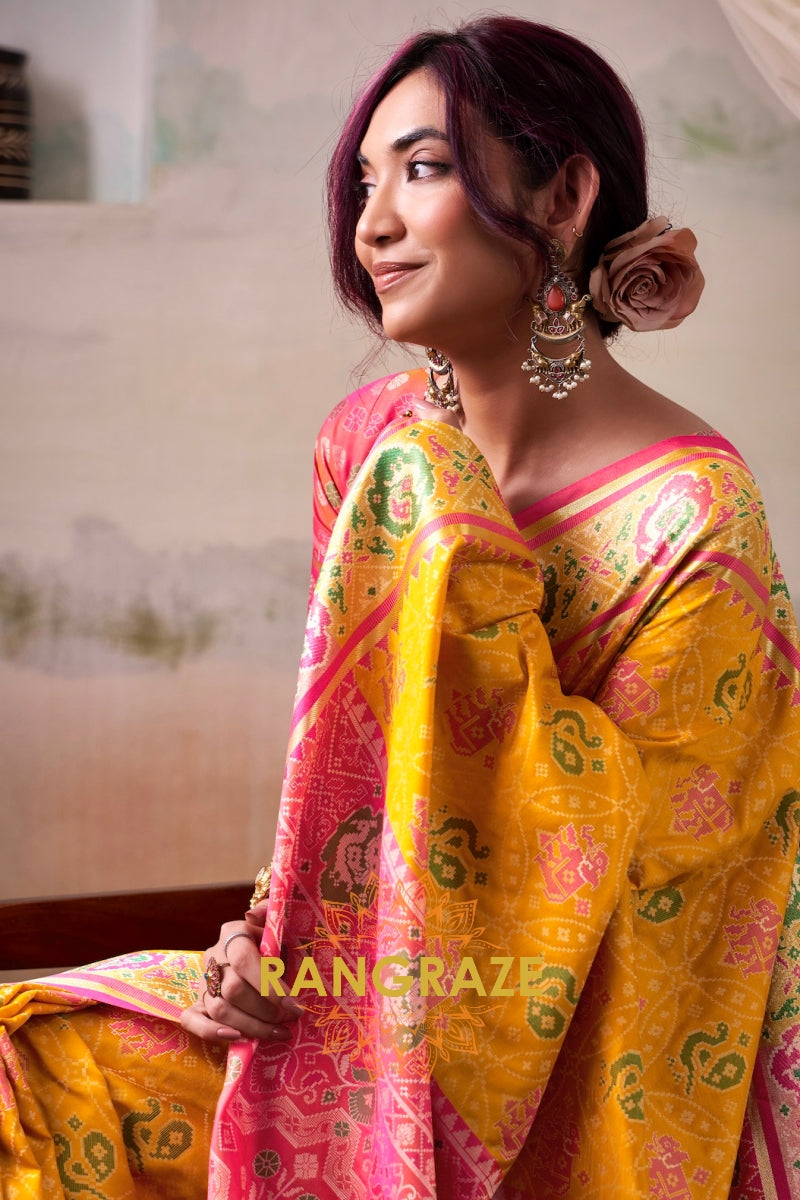 Golden Sunrise & Pink Patola Silk Saree