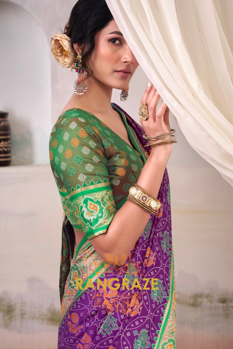 Regal Violet & Emerald Patola Silk Saree