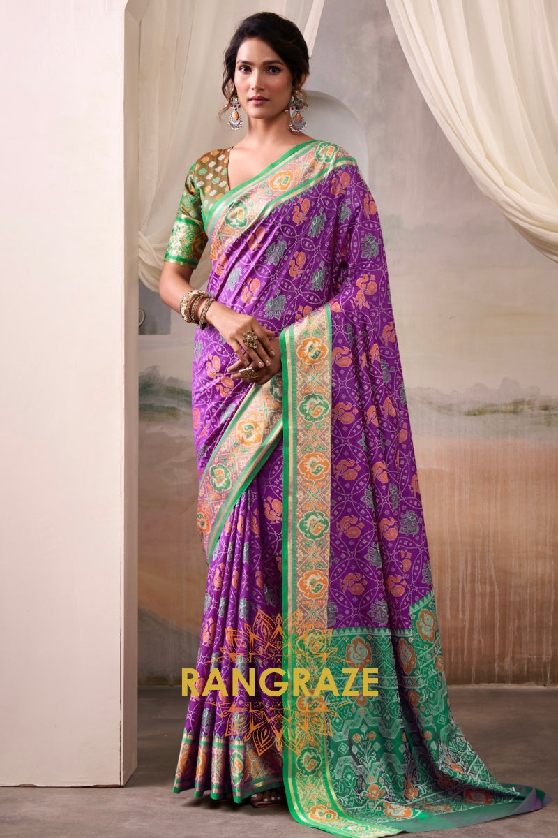 Regal Violet & Emerald Patola Silk Saree
