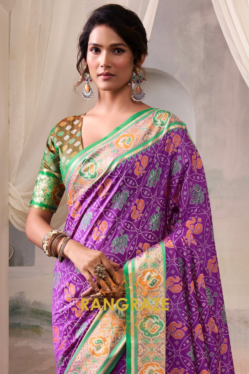 Regal Violet & Emerald Patola Silk Saree
