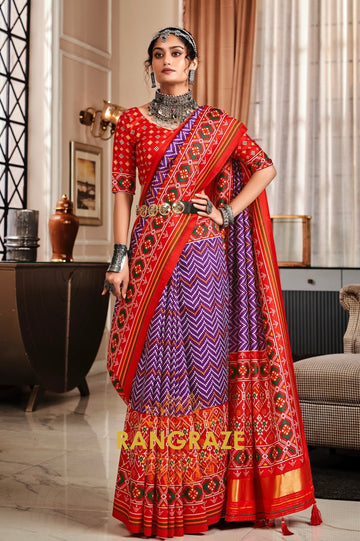 Classy Red and Purple Patola Print Tusser Silk Saree