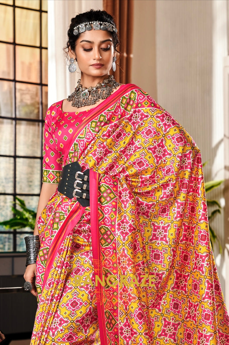 Radiant Pink and Yellow Patola Print Tusser Silk Saree
