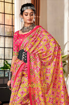 Radiant Pink and Yellow Patola Print Tusser Silk Saree
