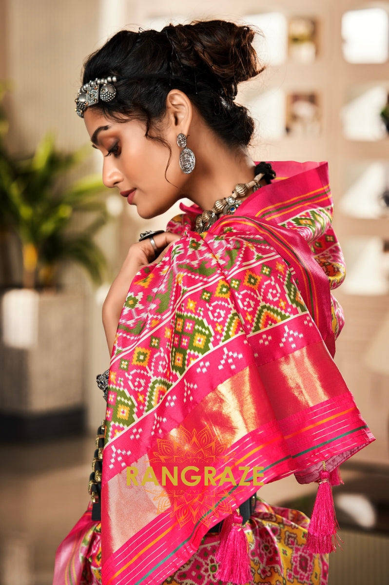 Radiant Pink and Yellow Patola Print Tusser Silk Saree