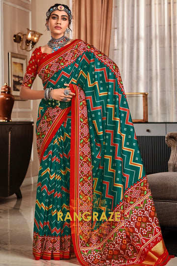 Emerald Green and Red Patola Print Tusser Silk Saree