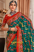 Emerald Green and Red Patola Print Tusser Silk Saree