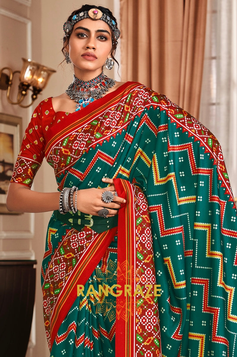 Emerald Green and Red Patola Print Tusser Silk Saree