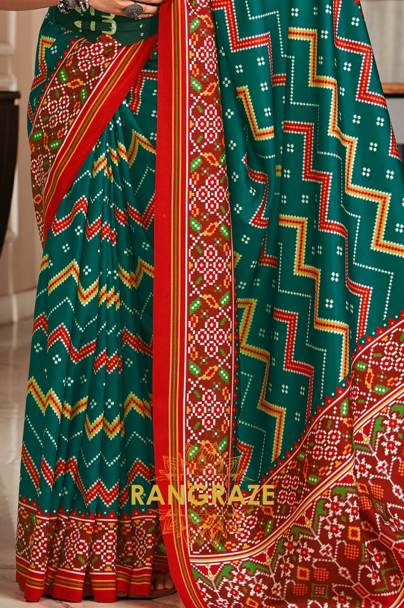 Emerald Green and Red Patola Print Tusser Silk Saree