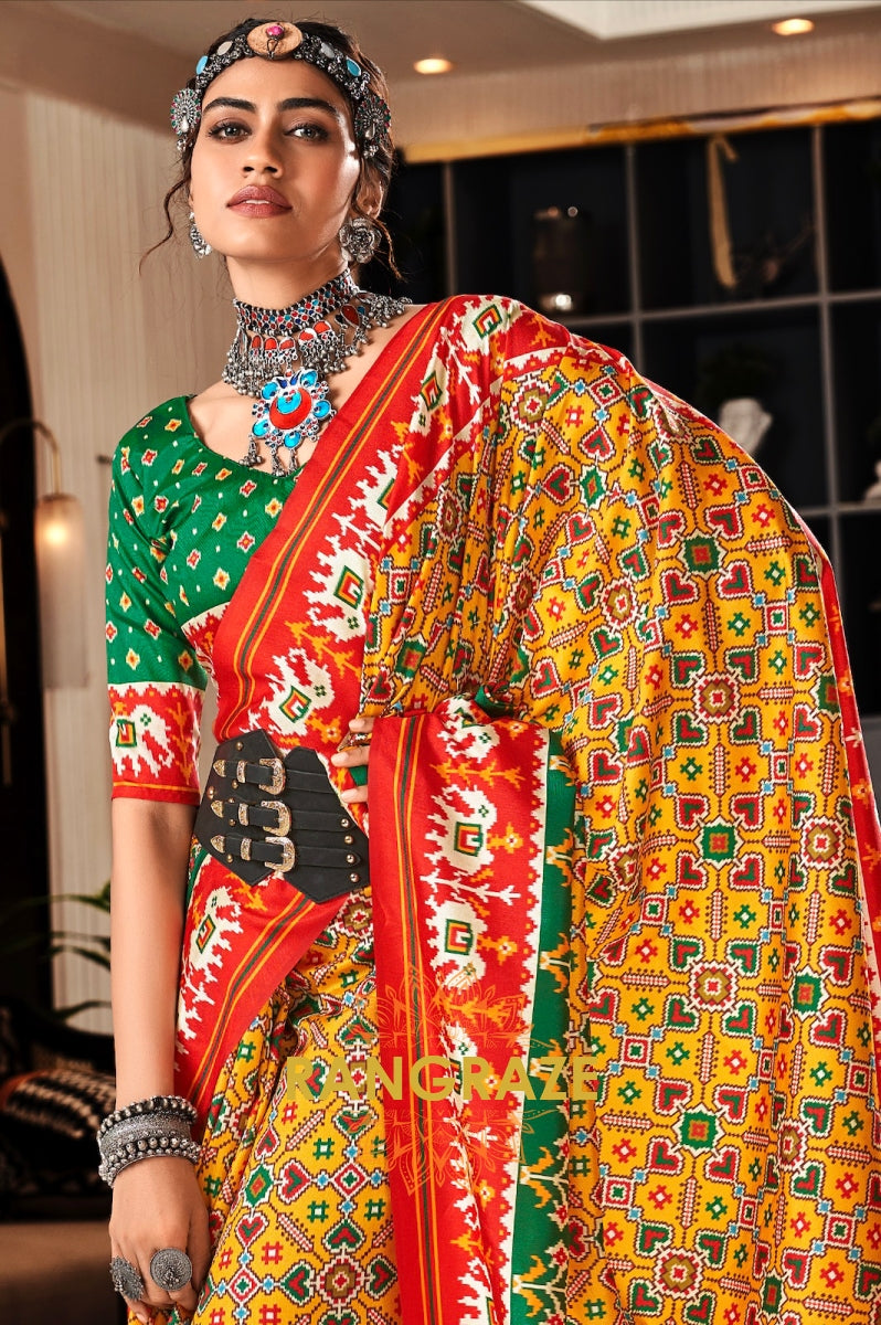 Vibrant Yellow and Green Patola Print Tusser Silk Saree