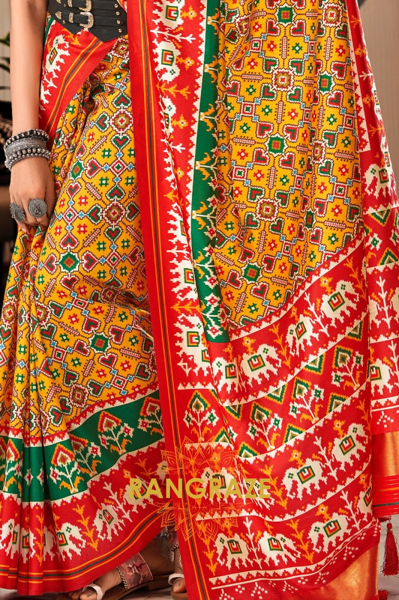 Vibrant Yellow and Green Patola Print Tusser Silk Saree