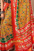 Vibrant Yellow and Green Patola Print Tusser Silk Saree