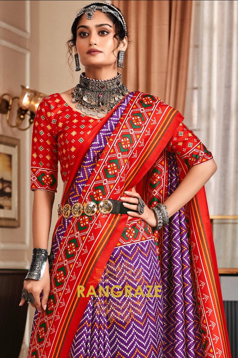 Classy Red and Purple Patola Print Tusser Silk Saree